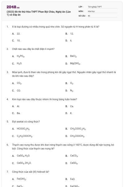 (2023) Đề thi thử Hóa THPT Phan Bội Châu, Nghệ An (Lần 1) có đáp án