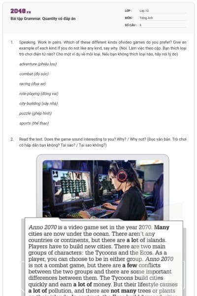 Bài tập Grammar. Quantity có đáp án