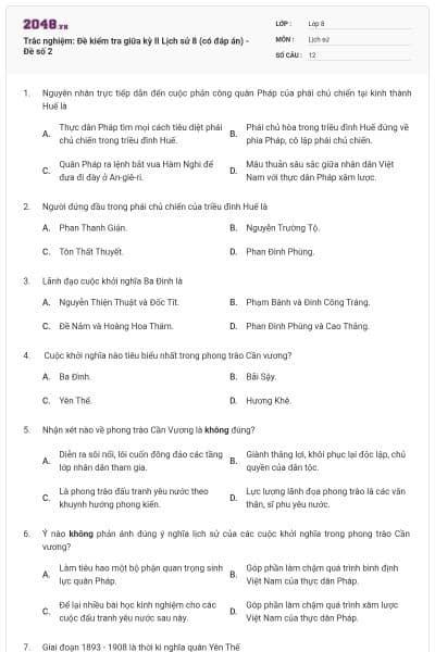 Trắc nghiệm: Đề kiểm tra giữa kỳ II Lịch sử 8 (có đáp án) - Đề số 2