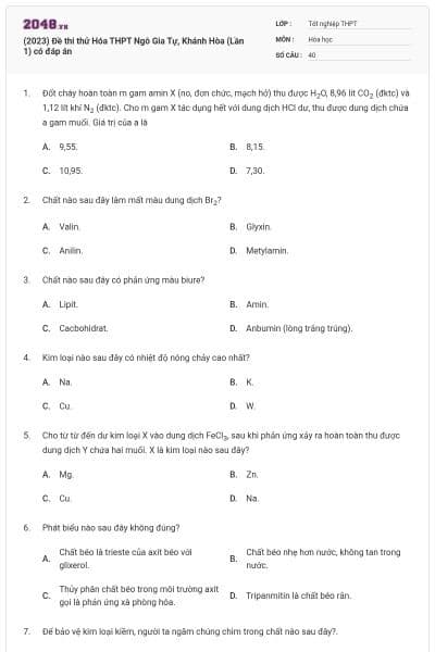 (2023) Đề thi thử Hóa THPT Ngô Gia Tự, Khánh Hòa (Lần 1) có đáp án