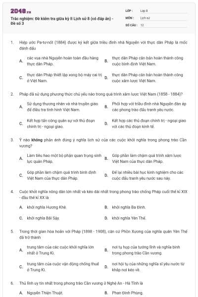 Trắc nghiệm: Đề kiểm tra giữa kỳ II Lịch sử 8 (có đáp án) - Đề số 3