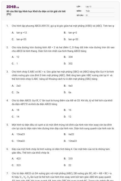 80 câu Bài tập Hình học Khối đa diện có lời giải chi tiết (P2)