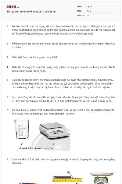 Bài tập Đơn vị và sai số trong vật lí có đáp án