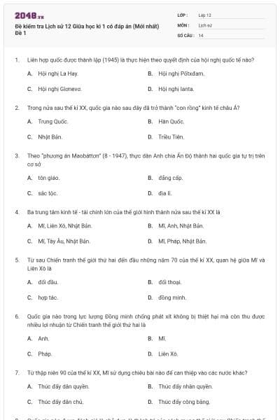 Đề kiểm tra Lịch sử 12 Giữa học kì 1 có đáp án (Mới nhất) Đề 1