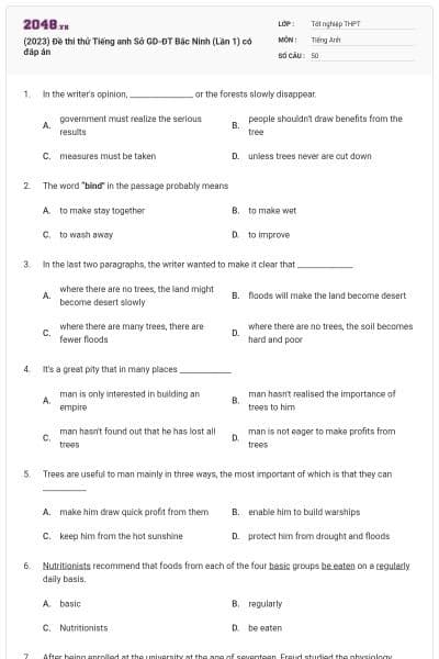 (2023) Đề thi thử Tiếng anh Sở GD-ĐT Bắc Ninh (Lần 1) có đáp án