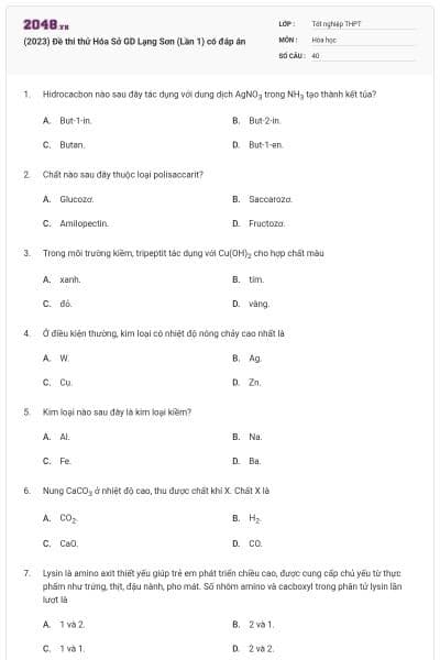 (2023) Đề thi thử Hóa Sở GD Lạng Sơn (Lần 1) có đáp án