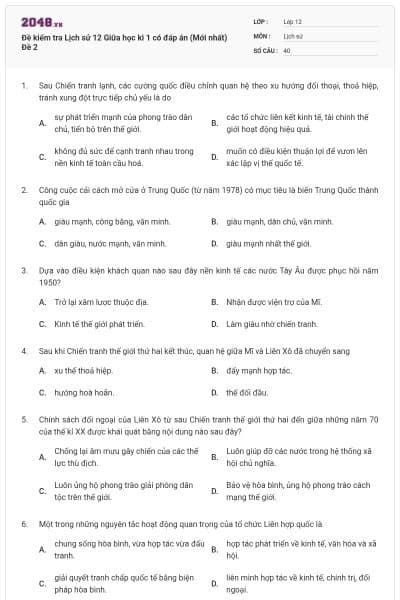 Đề kiểm tra Lịch sử 12 Giữa học kì 1 có đáp án (Mới nhất) Đề 2