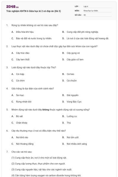 Trắc nghiệm KHTN 6 Giữa học kì 2 có đáp án (Đề 3)
