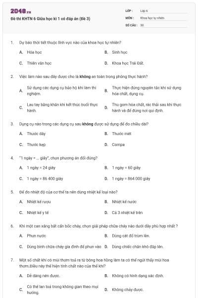 Đề thi KHTN 6 Giữa học kì 1 có đáp án (Đề 3)