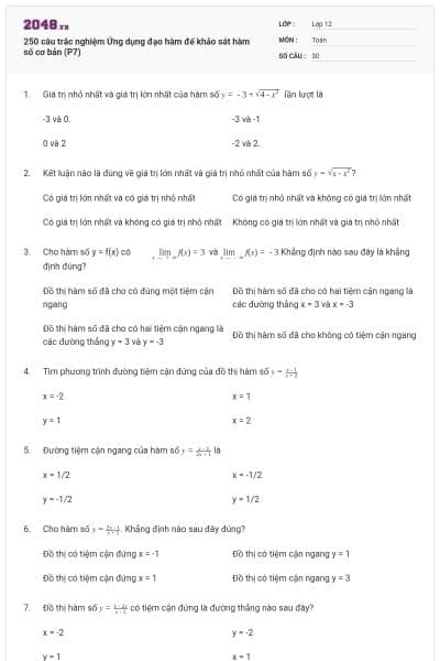 250 câu trắc nghiệm Ứng dụng đạo hàm để khảo sát hàm số cơ bản (P7)
