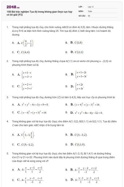 108 Bài trắc nghiệm Tọa độ trong không gian Oxyz cực hay có lời giải (P2)