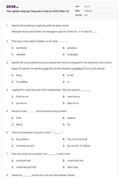Trắc nghiệm tổng hợp Tiếng anh có đáp án 2023 (Phần 12)