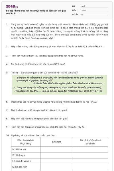 Bài tập Phong trào văn hóa Phục hưng và cải cách tôn giáo có đáp án