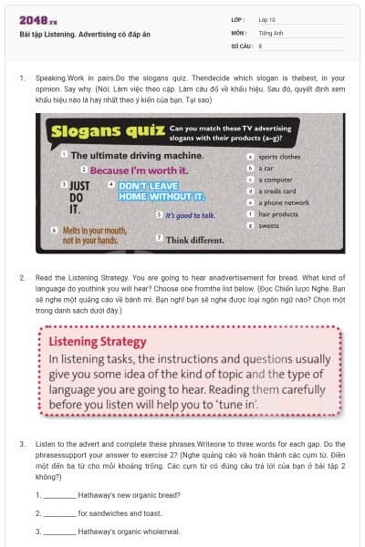 Bài tập Listening. Advertising có đáp án