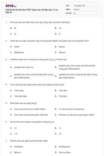 (2023) Đề thi thử Hóa THPT Quốc Oai, Hà Nội (Lần 1) có đáp án