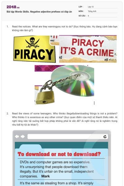 Bài tập Words Skills. Negative adjective prefixes có đáp án