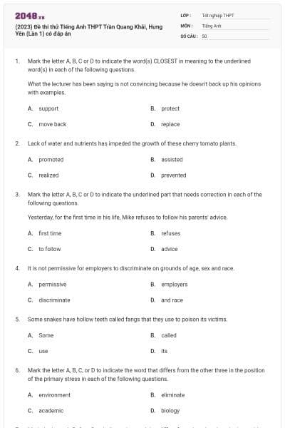 (2023) Đề thi thử Tiếng Anh THPT Trần Quang Khải, Hưng Yên (Lần 1) có đáp án