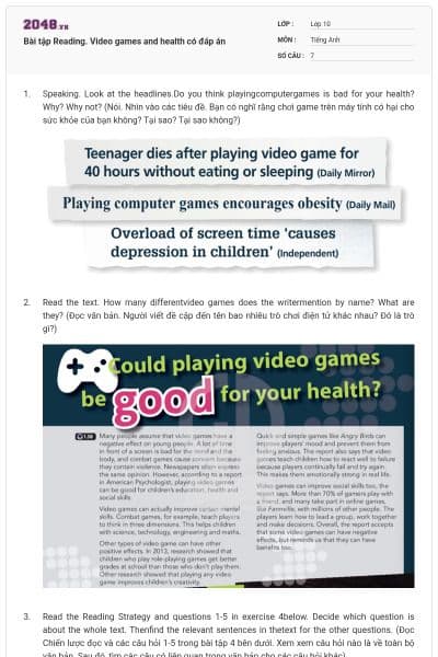 Bài tập Reading. Video games and health có đáp án