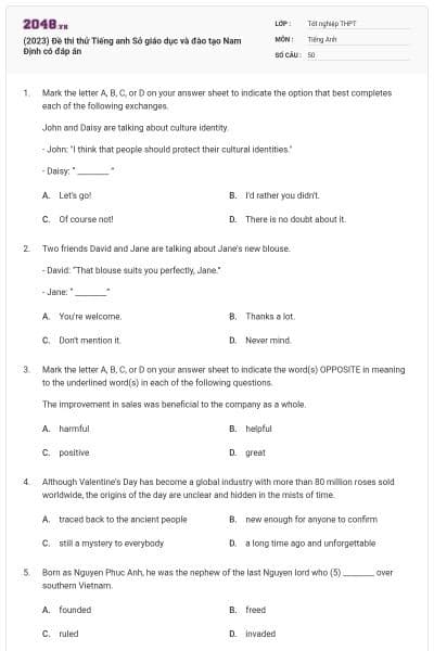 (2023) Đề thi thử Tiếng anh Sở giáo dục và đào tạo Nam Định có đáp án