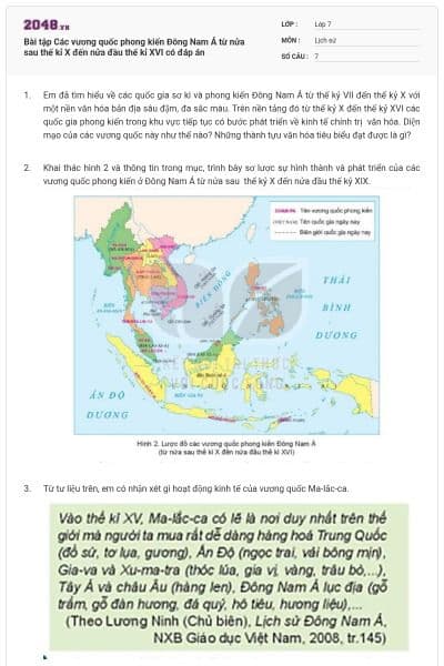 Bài tập Các vương quốc phong kiến Đông Nam Á từ nửa sau thế kỉ X đến nửa đầu thế kỉ XVI có đáp án
