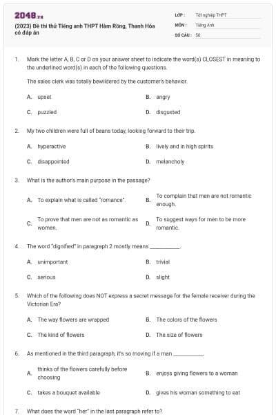 (2023) Đề thi thử Tiếng anh THPT Hàm Rồng, Thanh Hóa có đáp án