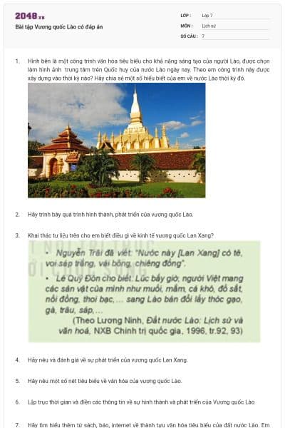 Bài tập Vương quốc Lào có đáp án