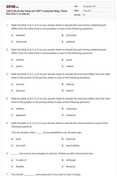 (2023) Đề thi thử Tiếng anh THPT Lương Đắc Bằng, Thanh Hóa (Lần 1) có đáp án
