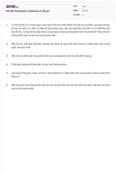 Bài tập Vương quốc campuchia có đáp án