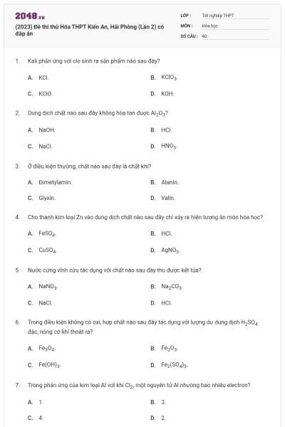 (2023) Đề thi thử Hóa THPT Kiến An, Hải Phòng (Lần 2) có đáp án
