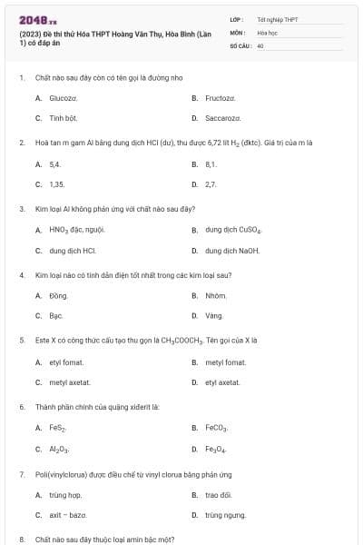 (2023) Đề thi thử Hóa THPT Hoàng Văn Thụ, Hòa Bình (Lần 1) có đáp án