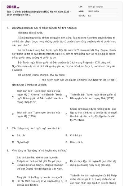 Top 10 đề thi Đánh giá năng lực ĐHQG Hà Nội năm 2023 - 2024 có đáp án (Đề 7)
