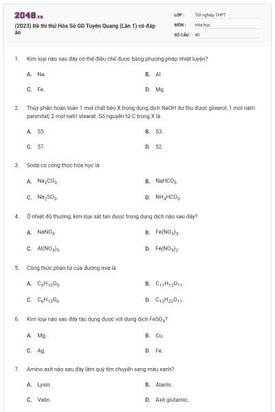(2023) Đề thi thử Hóa Sở GD Tuyên Quang (Lần 1) có đáp án