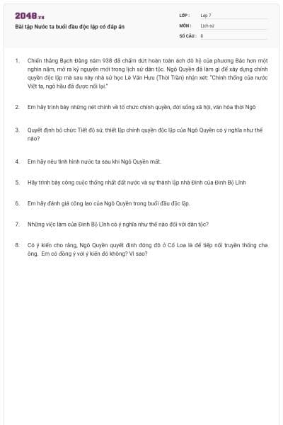 Bài tập Nước ta buổi đầu độc lập có đáp án