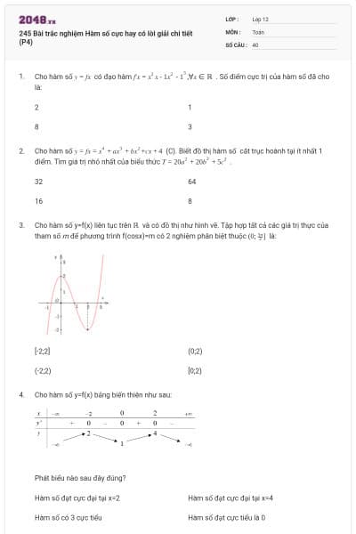 245 Bài trắc nghiệm Hàm số cực hay có lời giải chi tiết (P4)