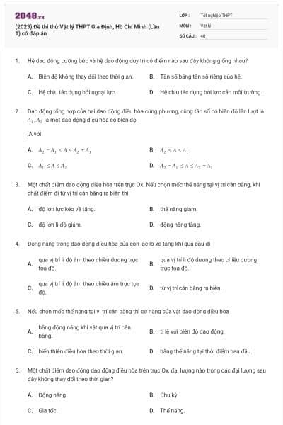 (2023) Đề thi thử Vật lý THPT Gia Định, Hồ Chí Minh (Lần 1) có đáp án