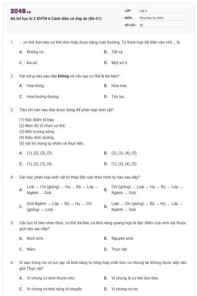 Đề thi học kì 2 KHTN 6 Cánh diều có đáp án (Đề 01)
