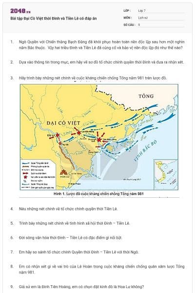Bài tập Đại Cồ Việt thời Đinh và Tiền Lê có đáp án