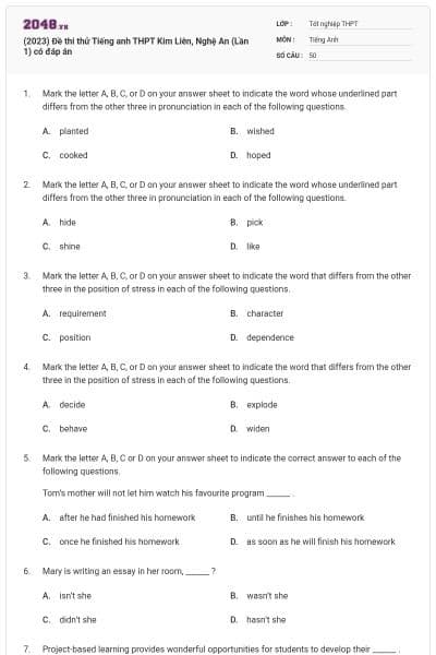 (2023) Đề thi thử Tiếng anh THPT Kim Liên, Nghệ An (Lần 1) có đáp án