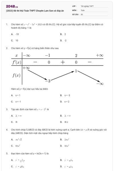 (2023) Đề thi thử Toán THPT Chuyên Lam Sơn có đáp án