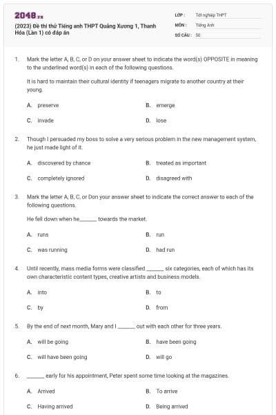 (2023) Đề thi thử Tiếng anh THPT Quảng Xương 1, Thanh Hóa (Lần 1) có đáp án