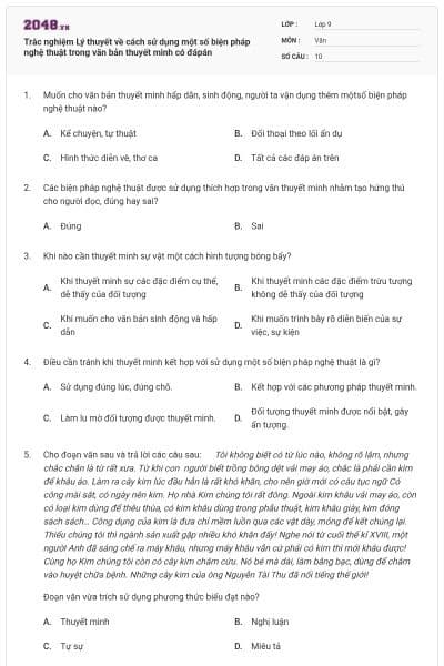 Trắc nghiệm Lý thuyết về cách sử dụng một số biện pháp nghệ thuật trong văn bản thuyết minh có đápán