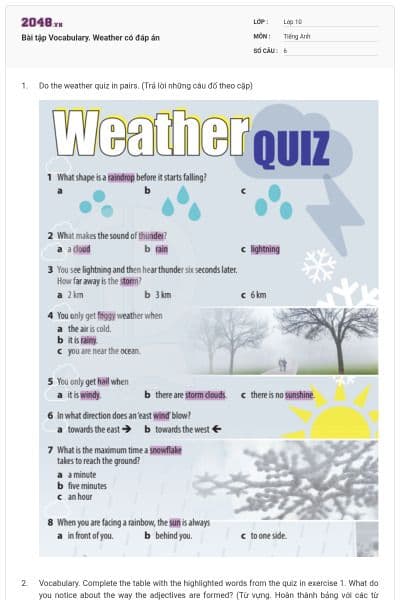 Bài tập Vocabulary. Weather có đáp án