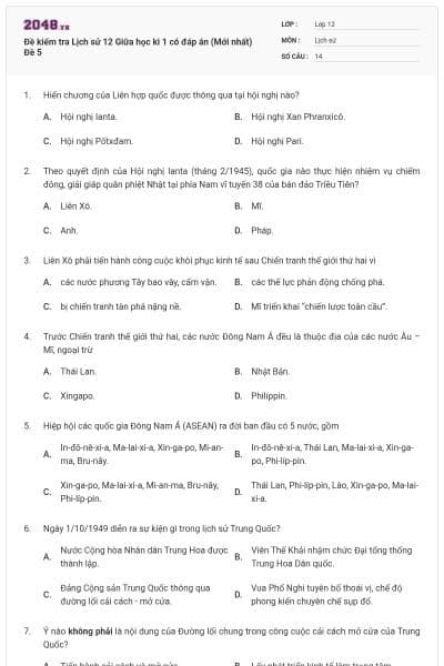 Đề kiểm tra Lịch sử 12 Giữa học kì 1 có đáp án (Mới nhất) Đề 5