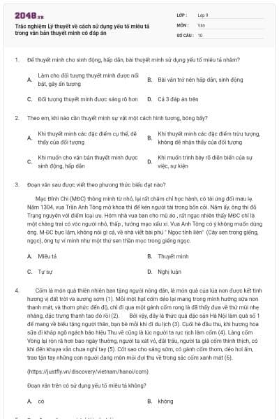 Trắc nghiệm Lý thuyết về cách sử dụng yếu tố miêu tả trong văn bản thuyết minh có đáp án