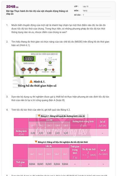 Bài tập Thực hành đo tốc độ của vật chuyển động thẳng có đáp án