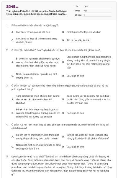 Trắc nghiệm Phân tích chi tiết tác phẩm Tuyên bố thế giới về sự sống còn, quyền được bảo vệ và phát triển của trẻ em có đáp án