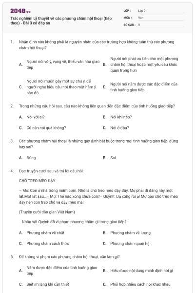 Trắc nghiệm Lý thuyết về các phương châm hội thoại (tiếp theo) - Bài 3 có đáp án