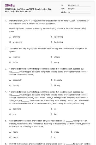 (2023) Đề thi thử Tiếng anh THPT Chuyên Lê Quý Đôn, Ninh Thuận (Lần 1) có đáp án