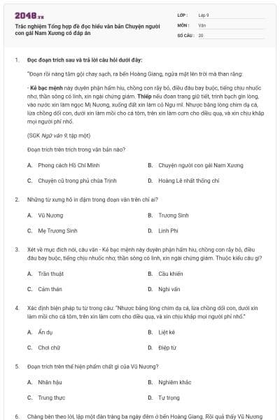 Trắc nghiệm Tổng hợp đề đọc hiểu văn bản Chuyện người con gái Nam Xương có đáp án