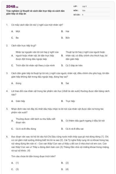 Trắc nghiệm Lý thuyết về cách dẫn trực tiếp và cách dẫn gián tiếp có đáp án